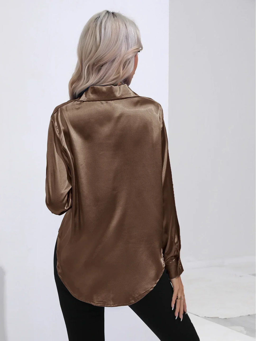 Blouse Satin Button Up Long Sleeve Elegant Style