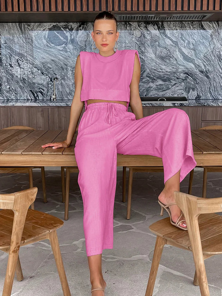Two Piece Set Sleeveless Crop Top Wide Leg Trousers Elegant Resort Style