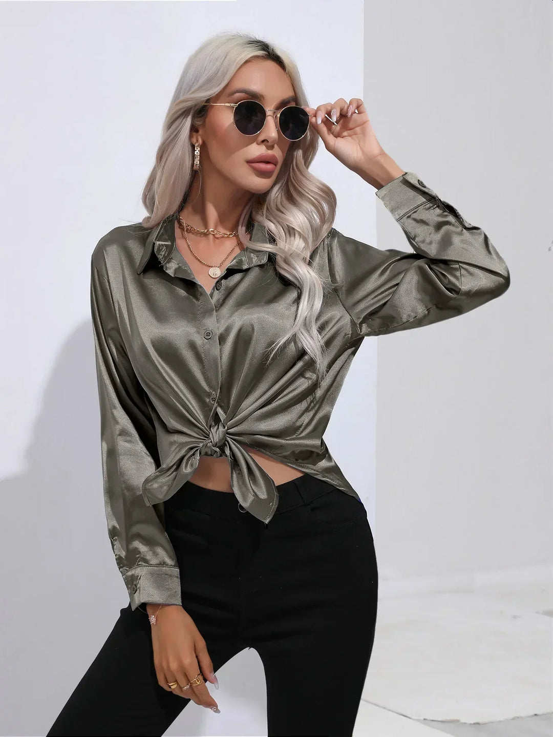 Blouse Satin Button Up Long Sleeve Elegant Style