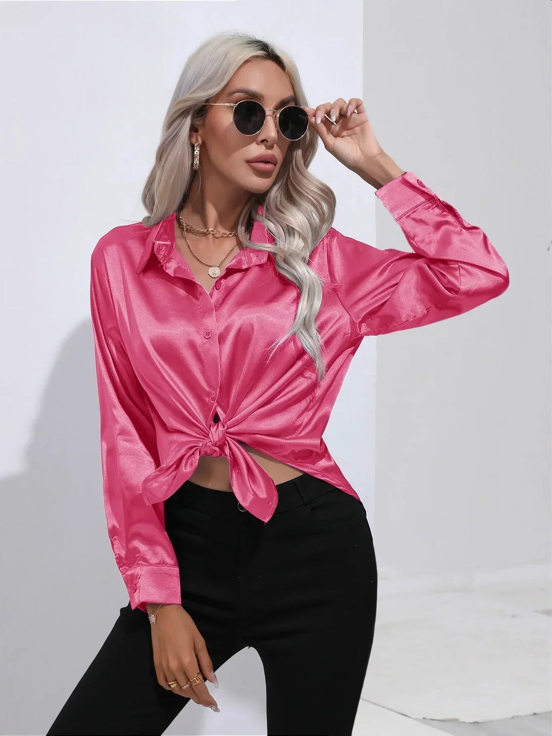 Blouse Satin Button Up Long Sleeve Elegant Style