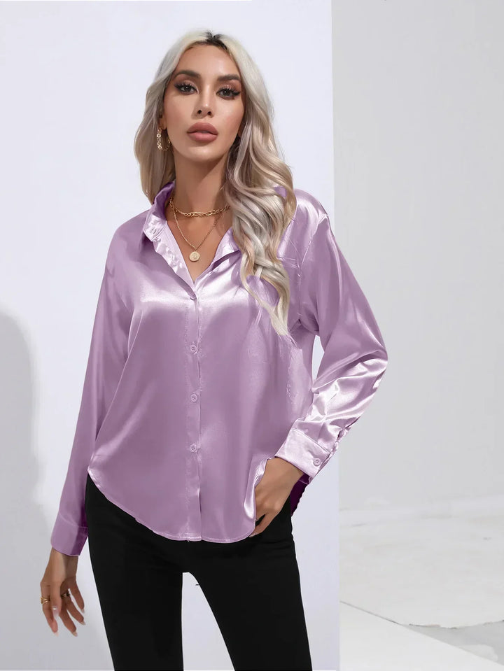 Blouse Satin Button Up Long Sleeve Elegant Style