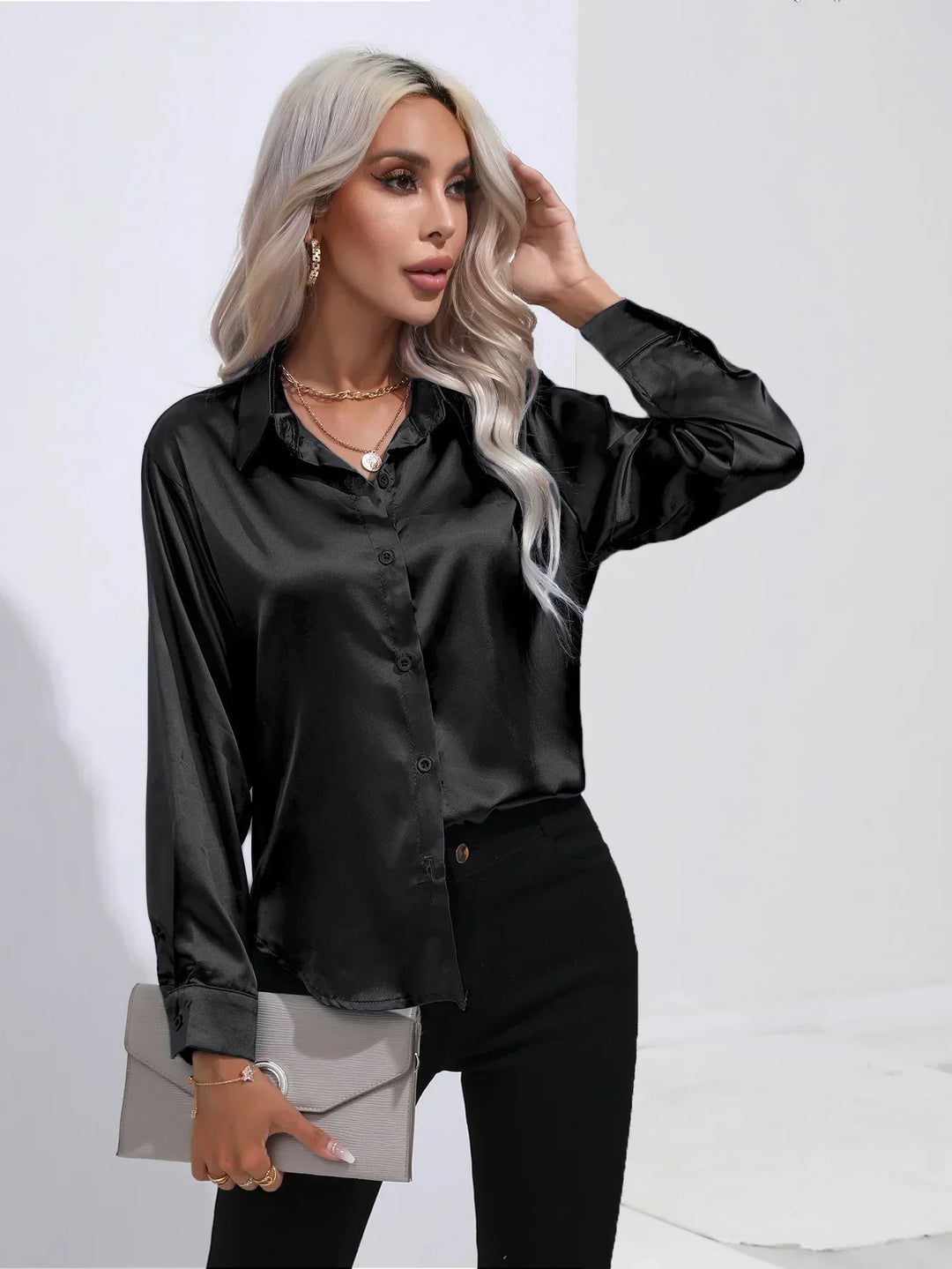 Blouse Satin Button Up Long Sleeve Elegant Style
