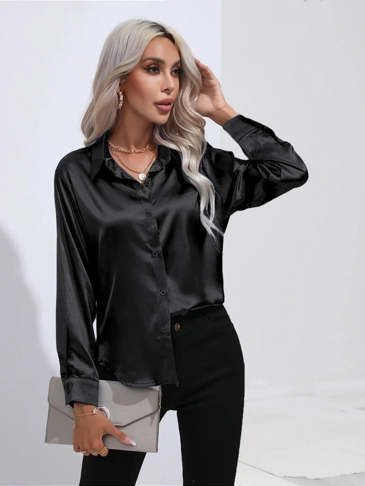 Blouse Satin Button Up Long Sleeve Elegant Style