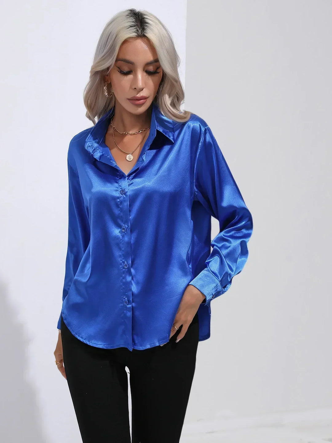 Blouse Satin Button Up Long Sleeve Elegant Style
