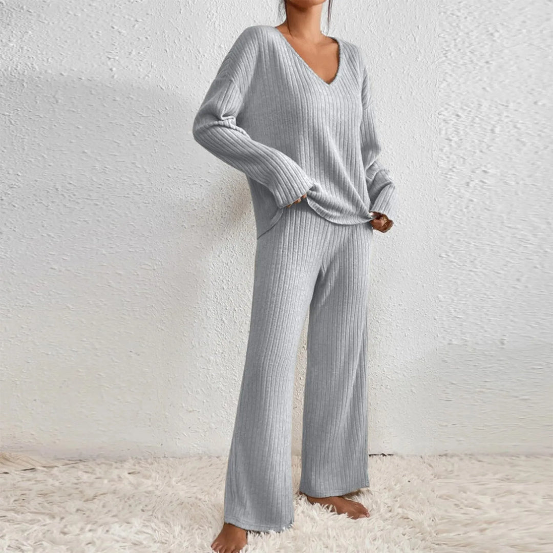 Two Piece Set Ribbed Knit V Neck Top Wide Leg Trousers Lounge Style