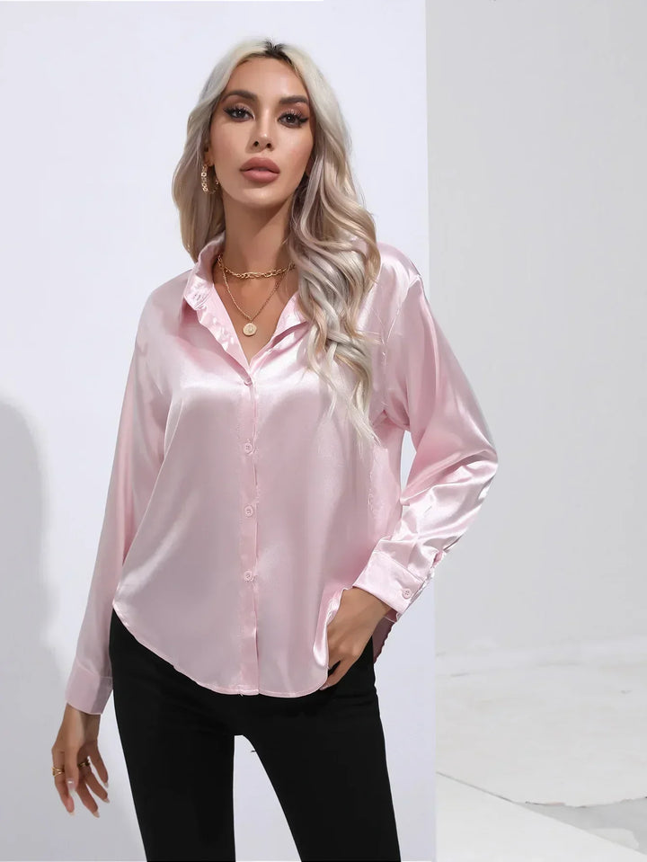 Blouse Satin Button Up Long Sleeve Elegant Style