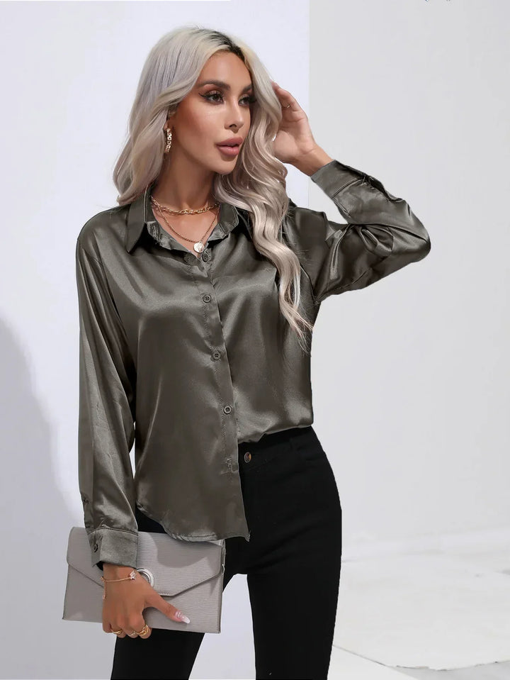 Blouse Satin Button Up Long Sleeve Elegant Style