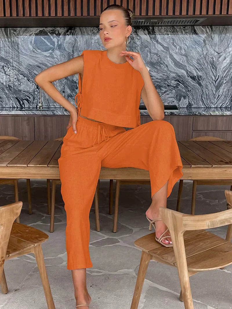 Two Piece Set Sleeveless Crop Top Wide Leg Trousers Elegant Resort Style