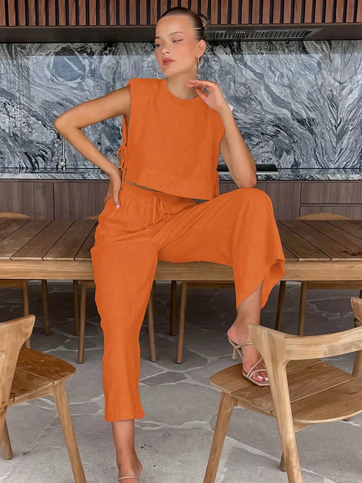 Two Piece Set Sleeveless Crop Top Wide Leg Trousers Elegant Resort Style