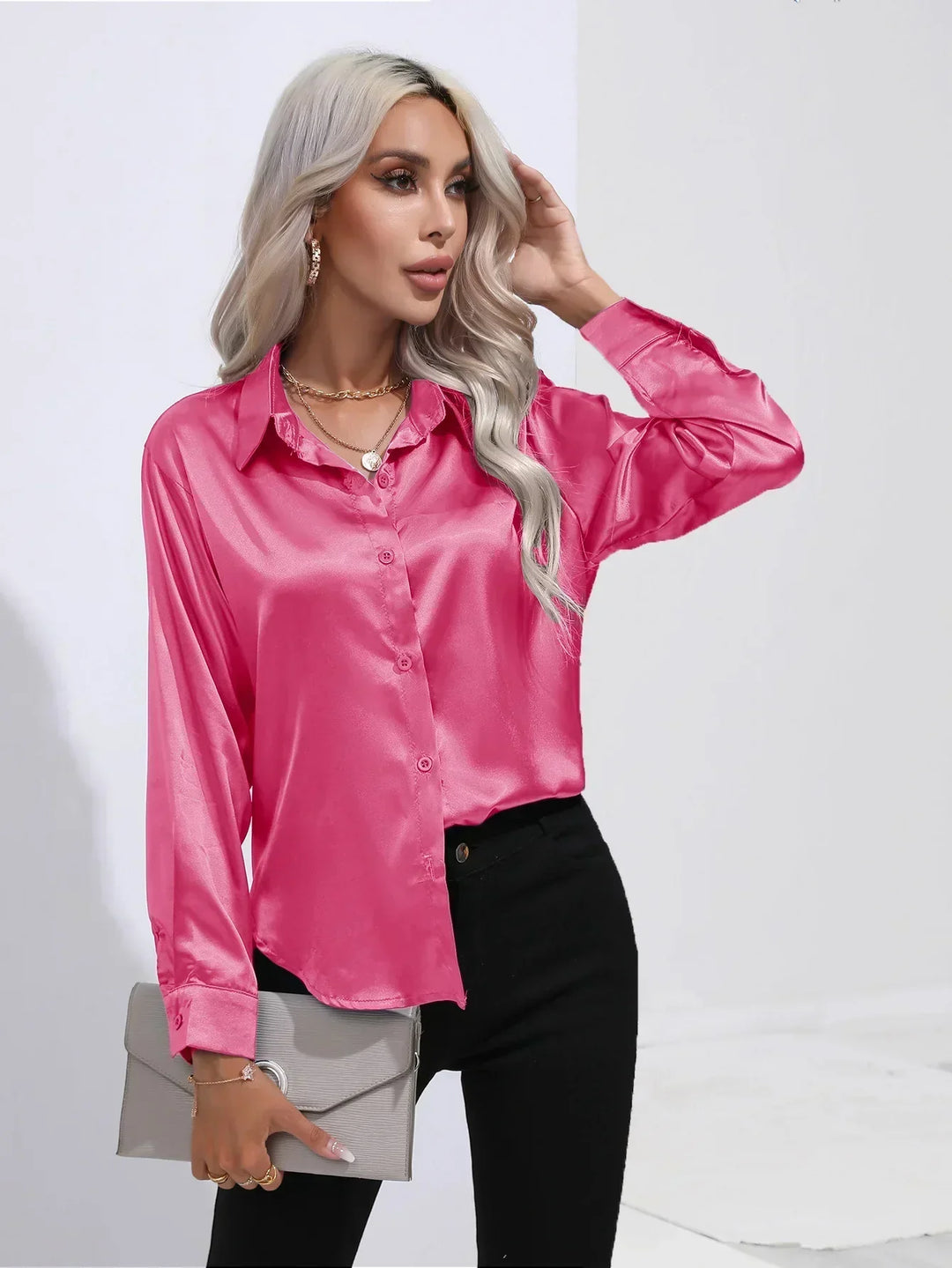 Blouse Satin Button Up Long Sleeve Elegant Style