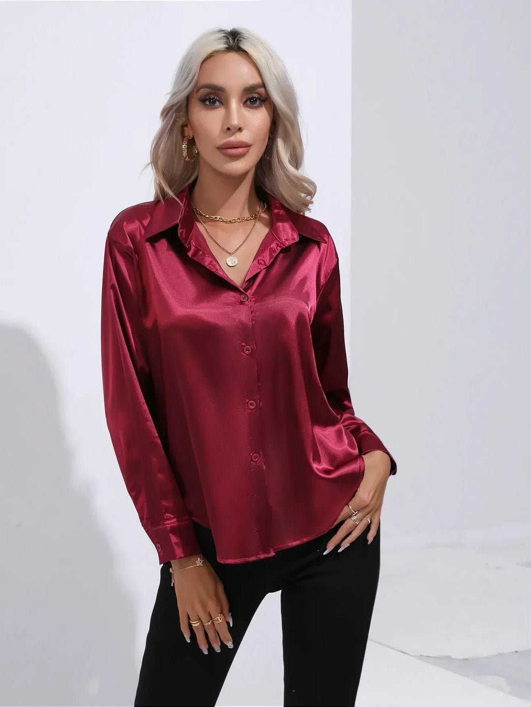 Blouse Satin Button Up Long Sleeve Elegant Style