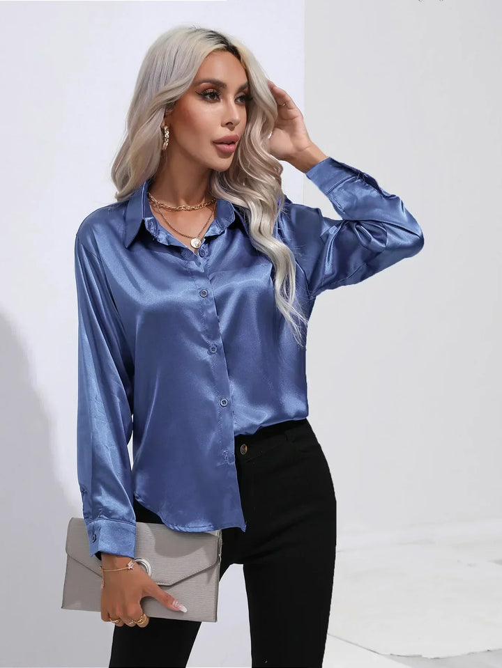 Blouse Satin Button Up Long Sleeve Elegant Style