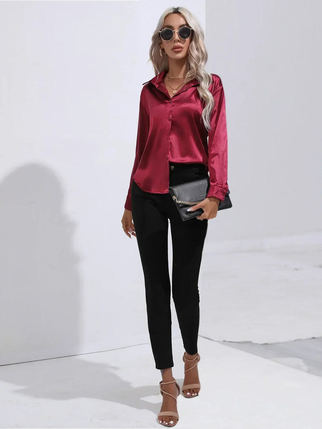 Blouse Satin Button Up Long Sleeve Elegant Style