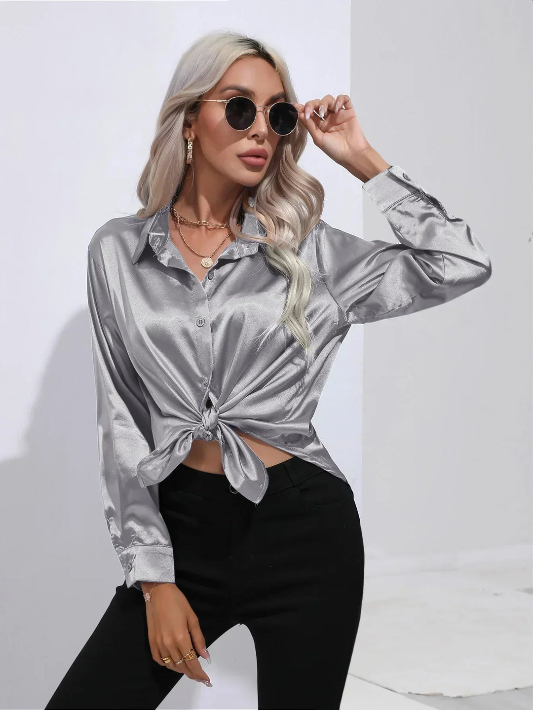 Blouse Satin Button Up Long Sleeve Elegant Style