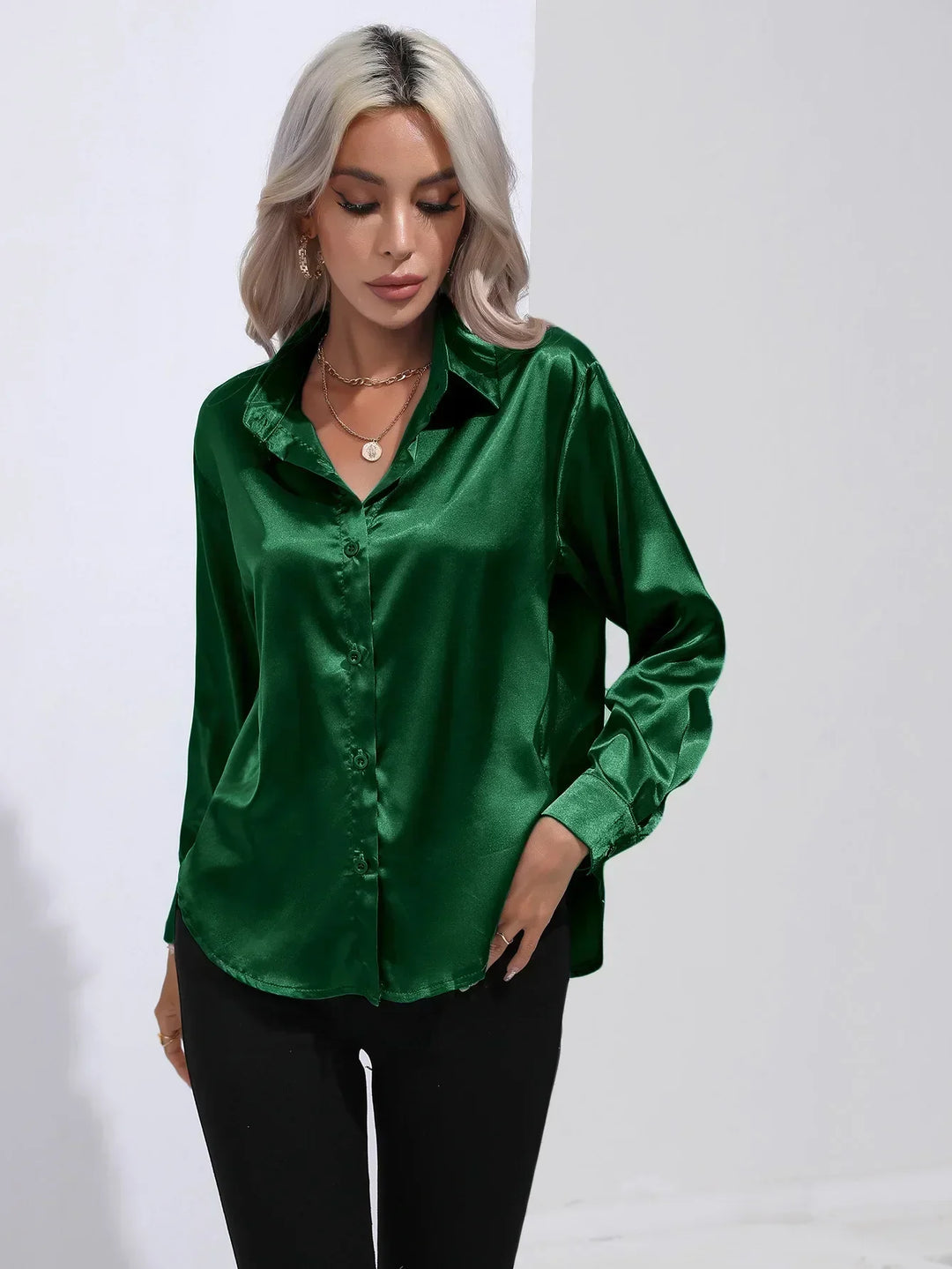 Blouse Satin Button Up Long Sleeve Elegant Style