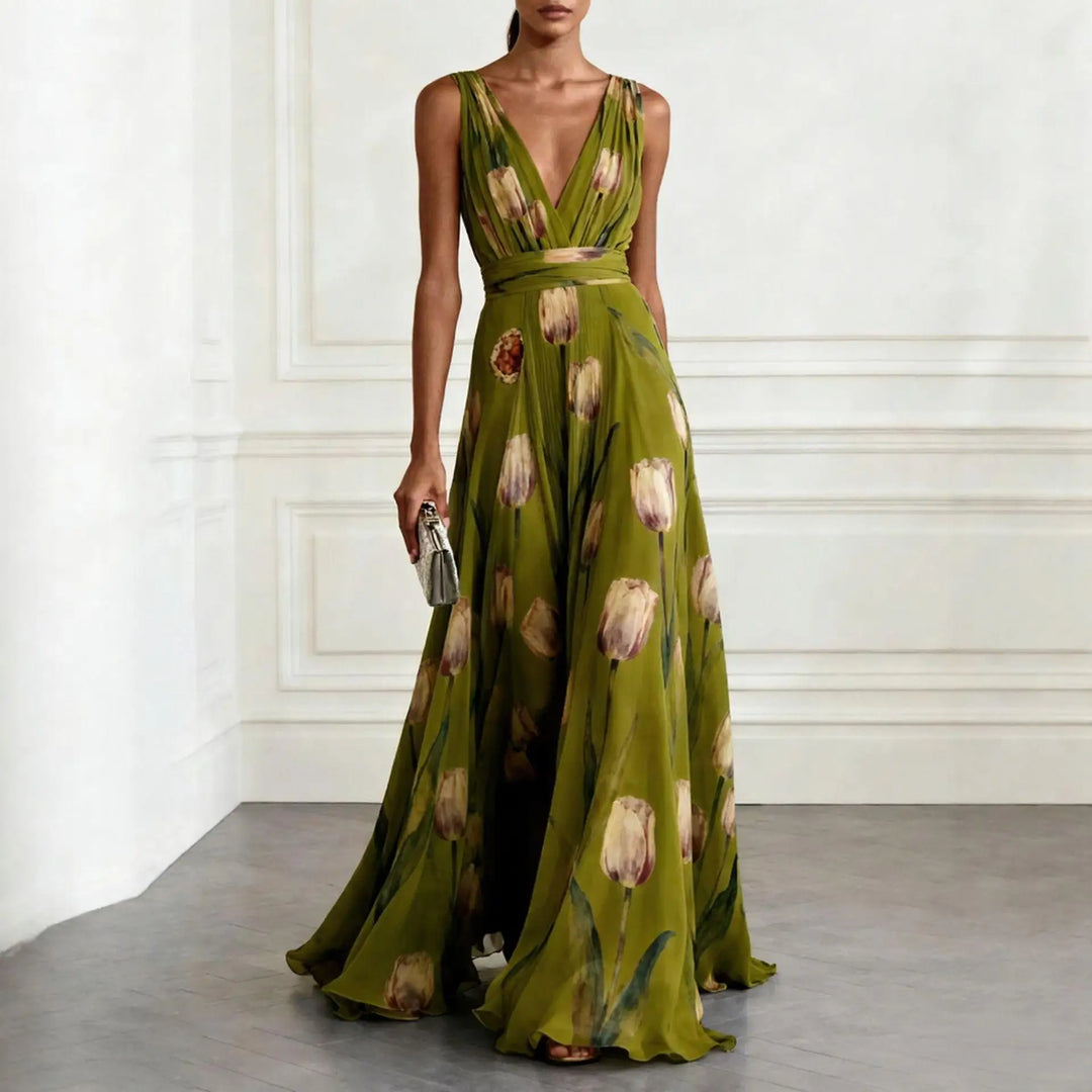 Womens Maxi Dress with Floral Print V Neck and Sleeveless Design
