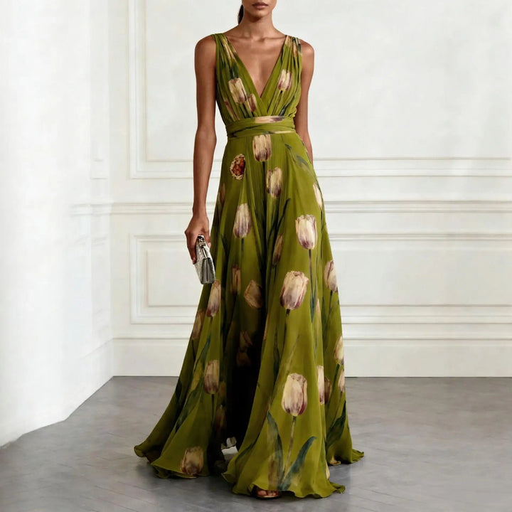 Womens Maxi Dress with Floral Print V Neck and Sleeveless Design