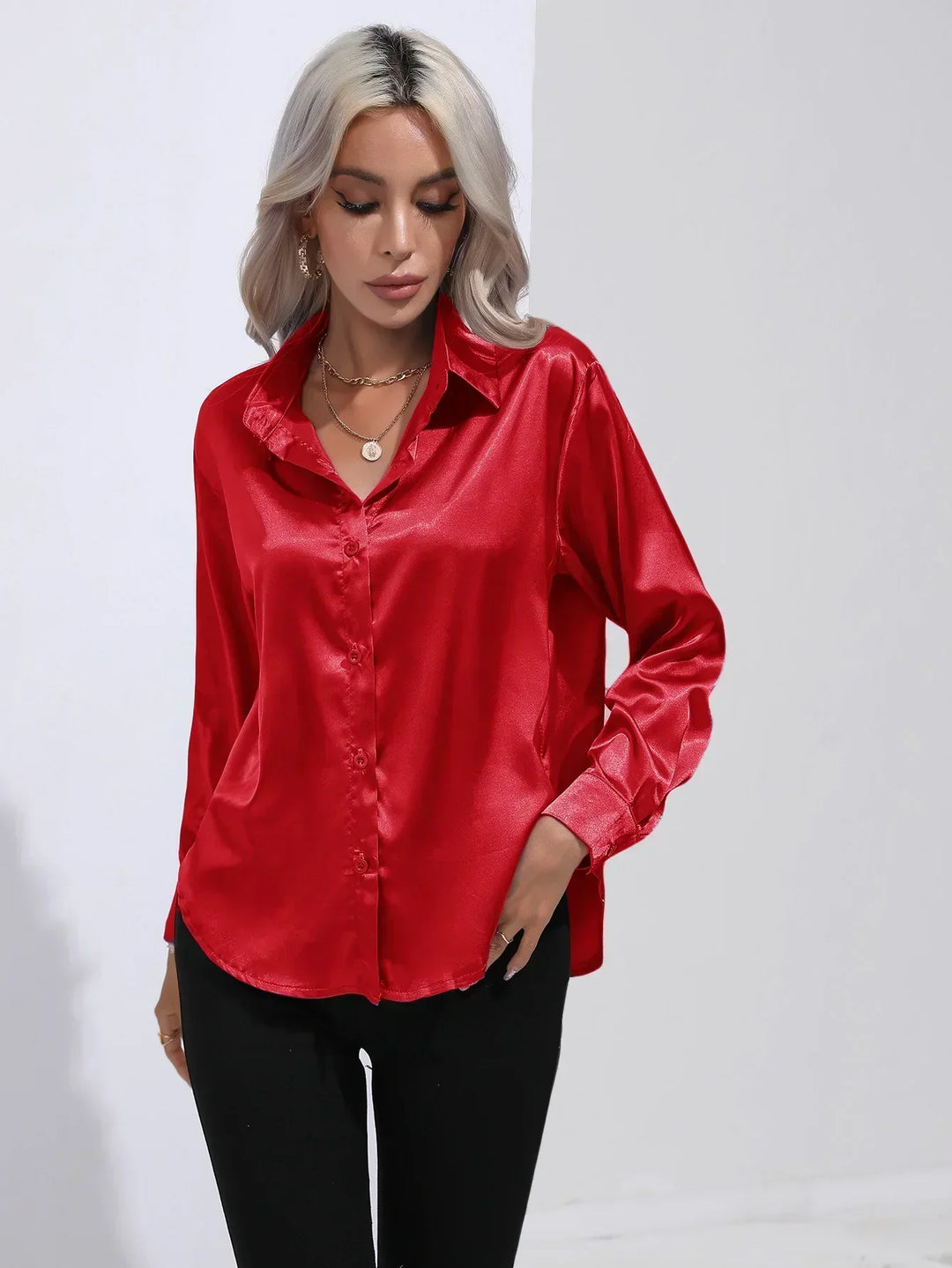 Blouse Satin Button Up Long Sleeve Elegant Style
