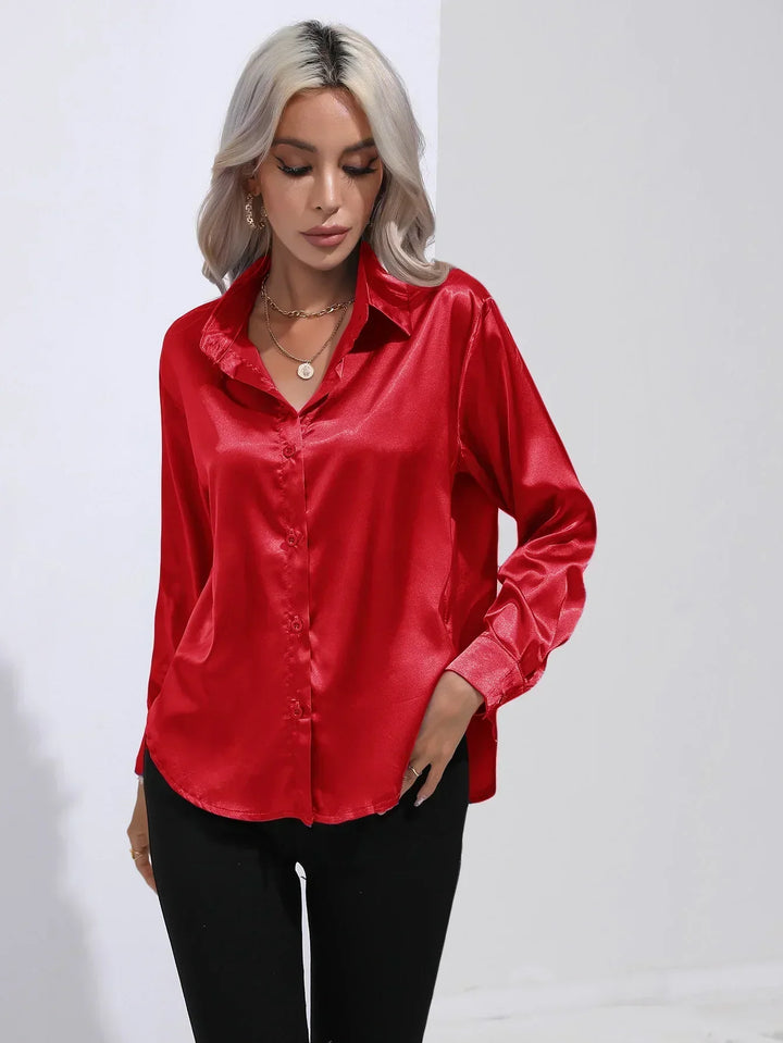 Blouse Satin Button Up Long Sleeve Elegant Style