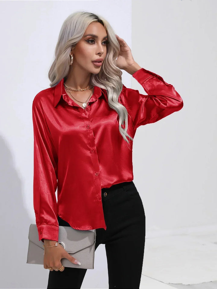 Blouse Satin Button Up Long Sleeve Elegant Style