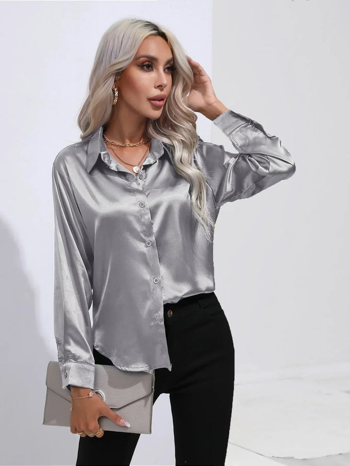 Blouse Satin Button Up Long Sleeve Elegant Style