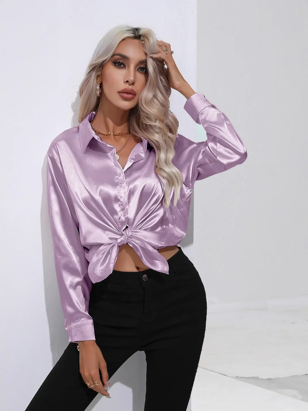 Blouse Satin Button Up Long Sleeve Elegant Style