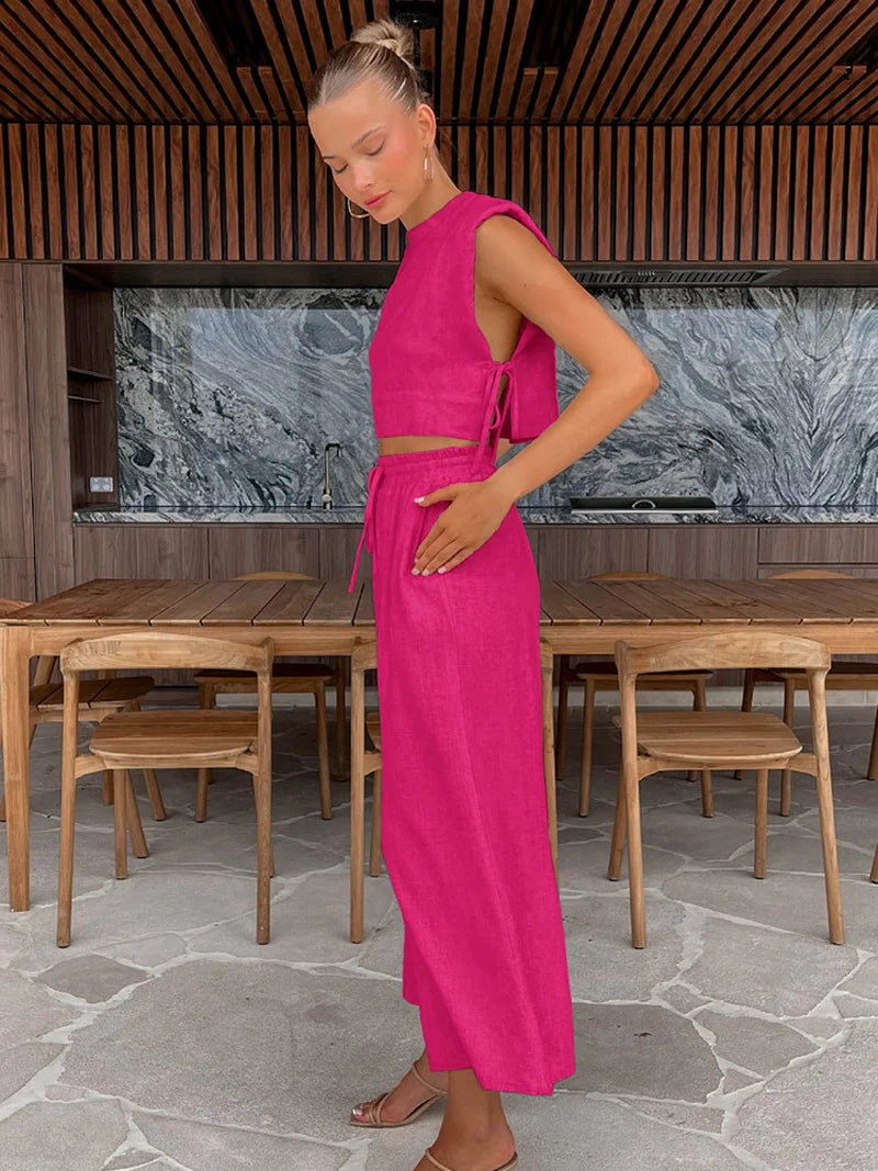 Two Piece Set Sleeveless Crop Top Wide Leg Trousers Elegant Resort Style