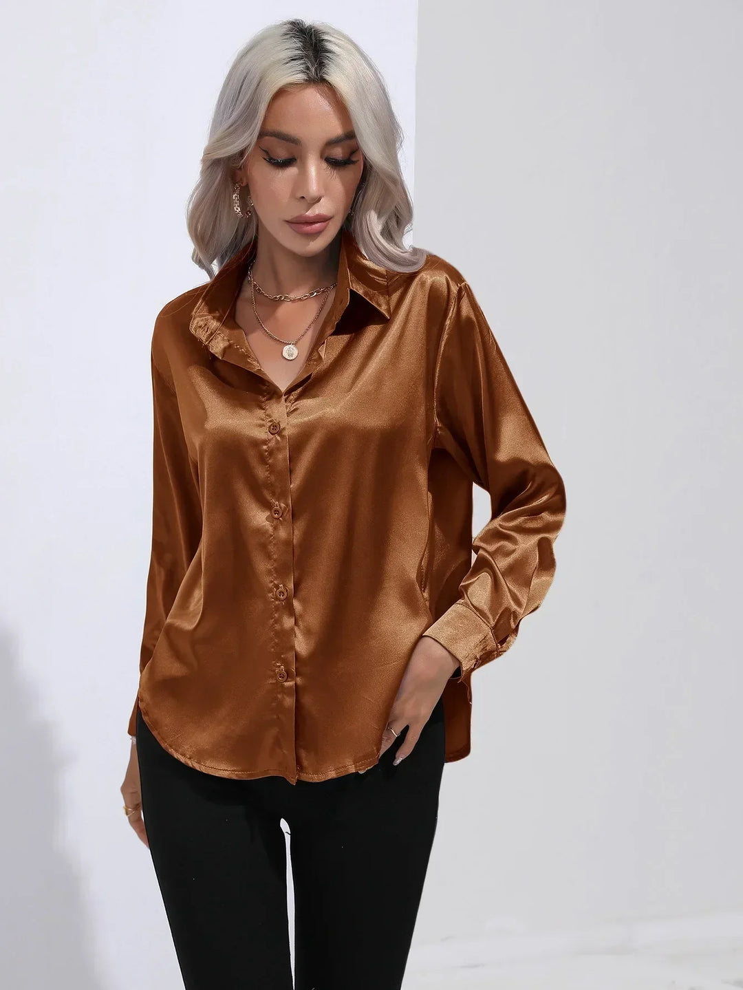 Blouse Satin Button Up Long Sleeve Elegant Style