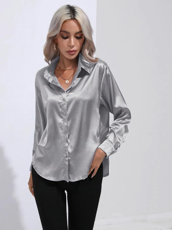Blouse Satin Button Up Long Sleeve Elegant Style