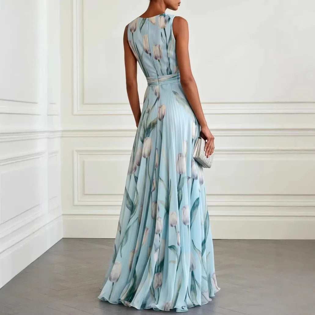 Womens Maxi Dress with Floral Print V Neck and Sleeveless Design