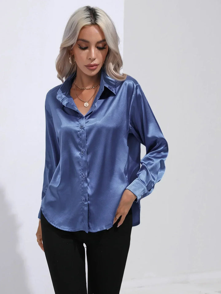Blouse Satin Button Up Long Sleeve Elegant Style