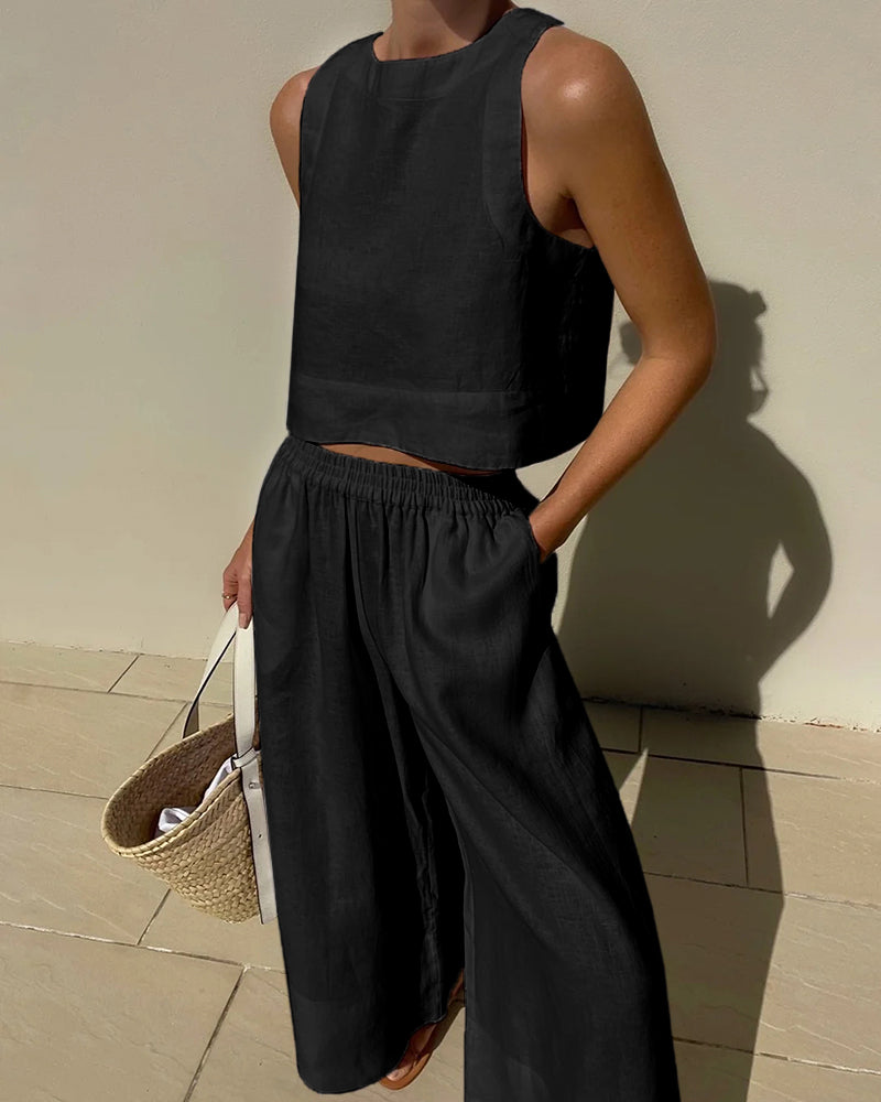 Two Piece Set Sleeveless Top Wide Leg Trousers Relaxed Summer Style