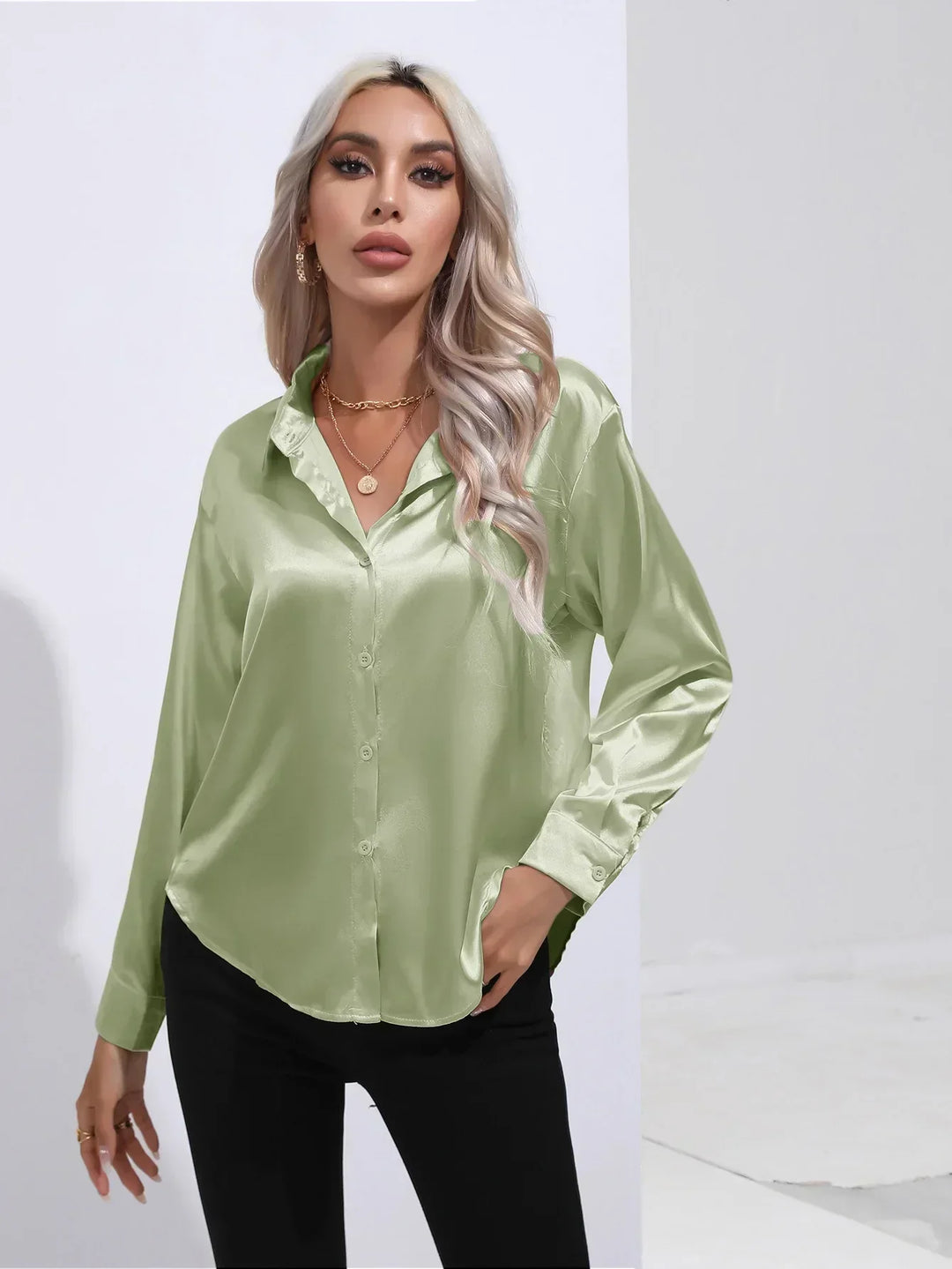 Blouse Satin Button Up Long Sleeve Elegant Style