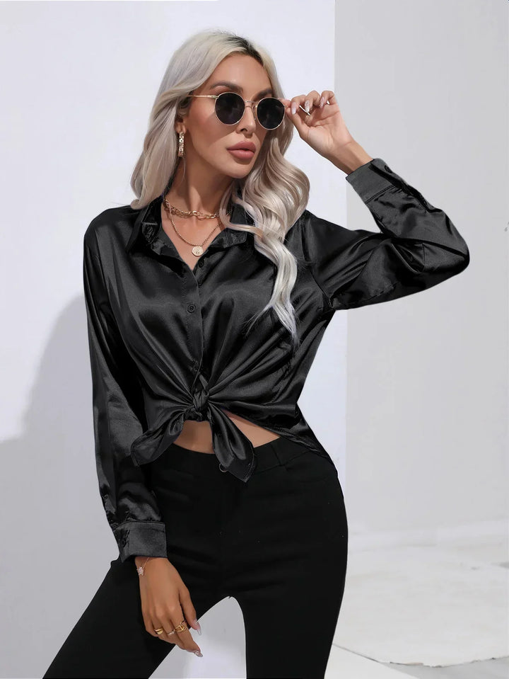 Blouse Satin Button Up Long Sleeve Elegant Style