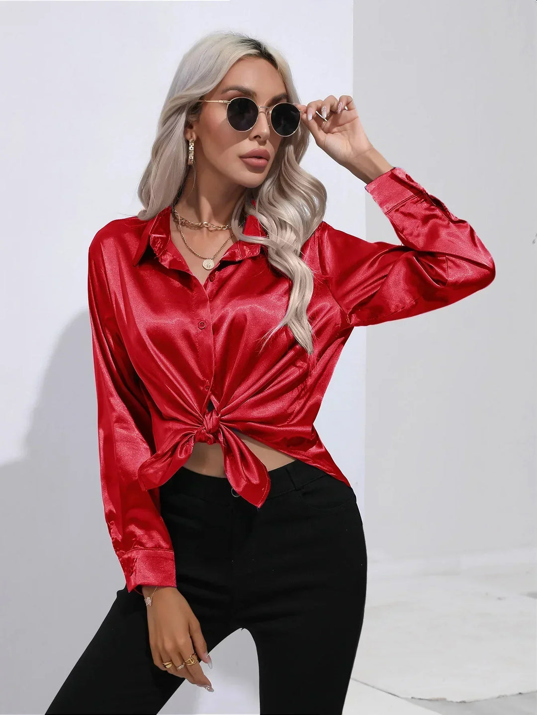 Blouse Satin Button Up Long Sleeve Elegant Style