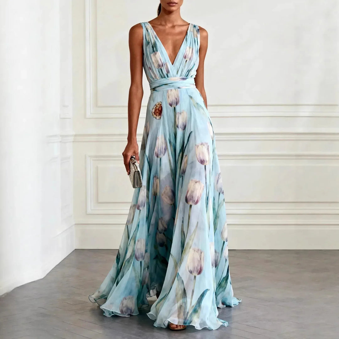 Womens Maxi Dress with Floral Print V Neck and Sleeveless Design