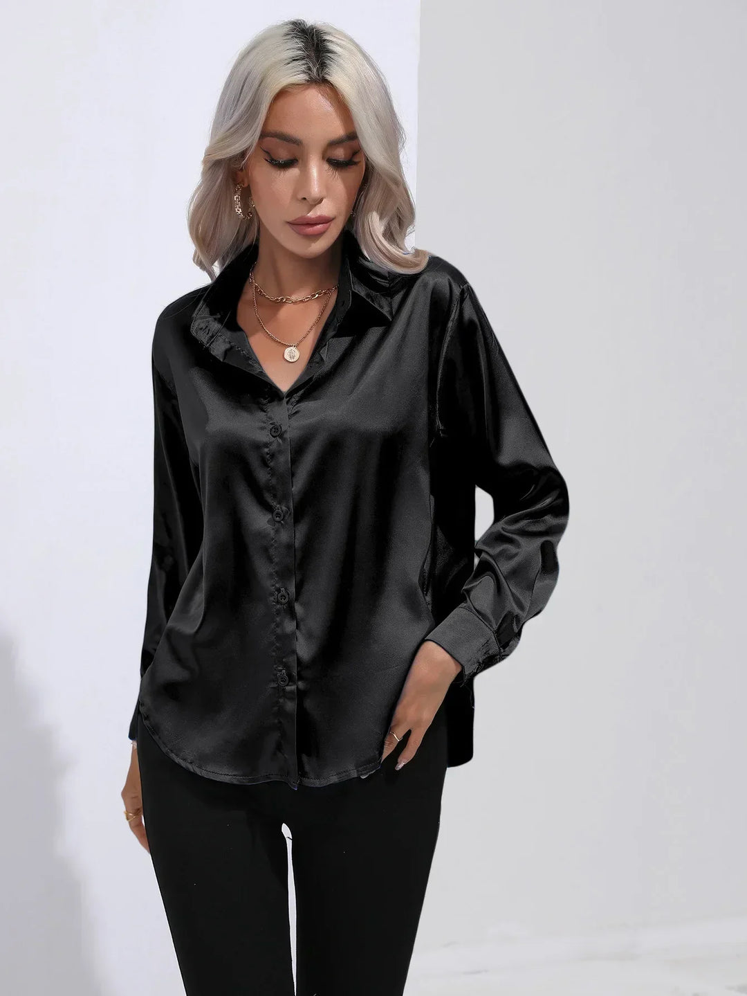 Blouse Satin Button Up Long Sleeve Elegant Style