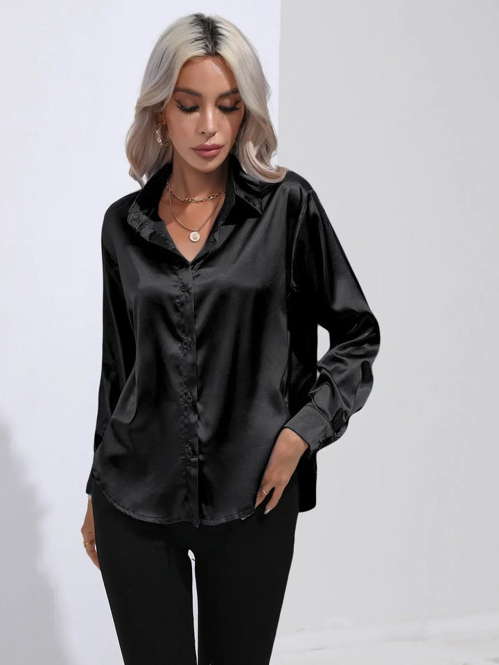 Blouse Satin Button Up Long Sleeve Elegant Style