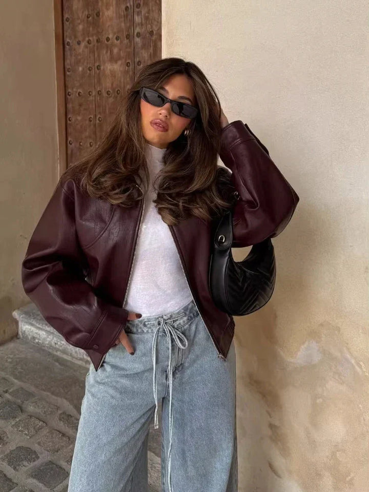 Womens Faux Leather Bomber Jacket with Zip Front and Relaxed Fit