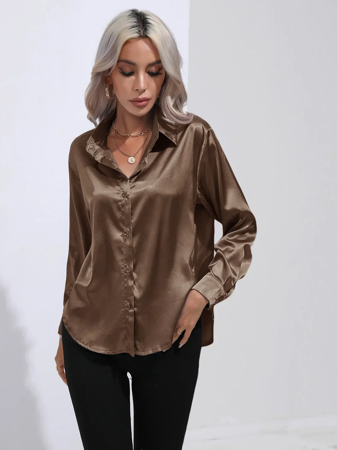 Blouse Satin Button Up Long Sleeve Elegant Style