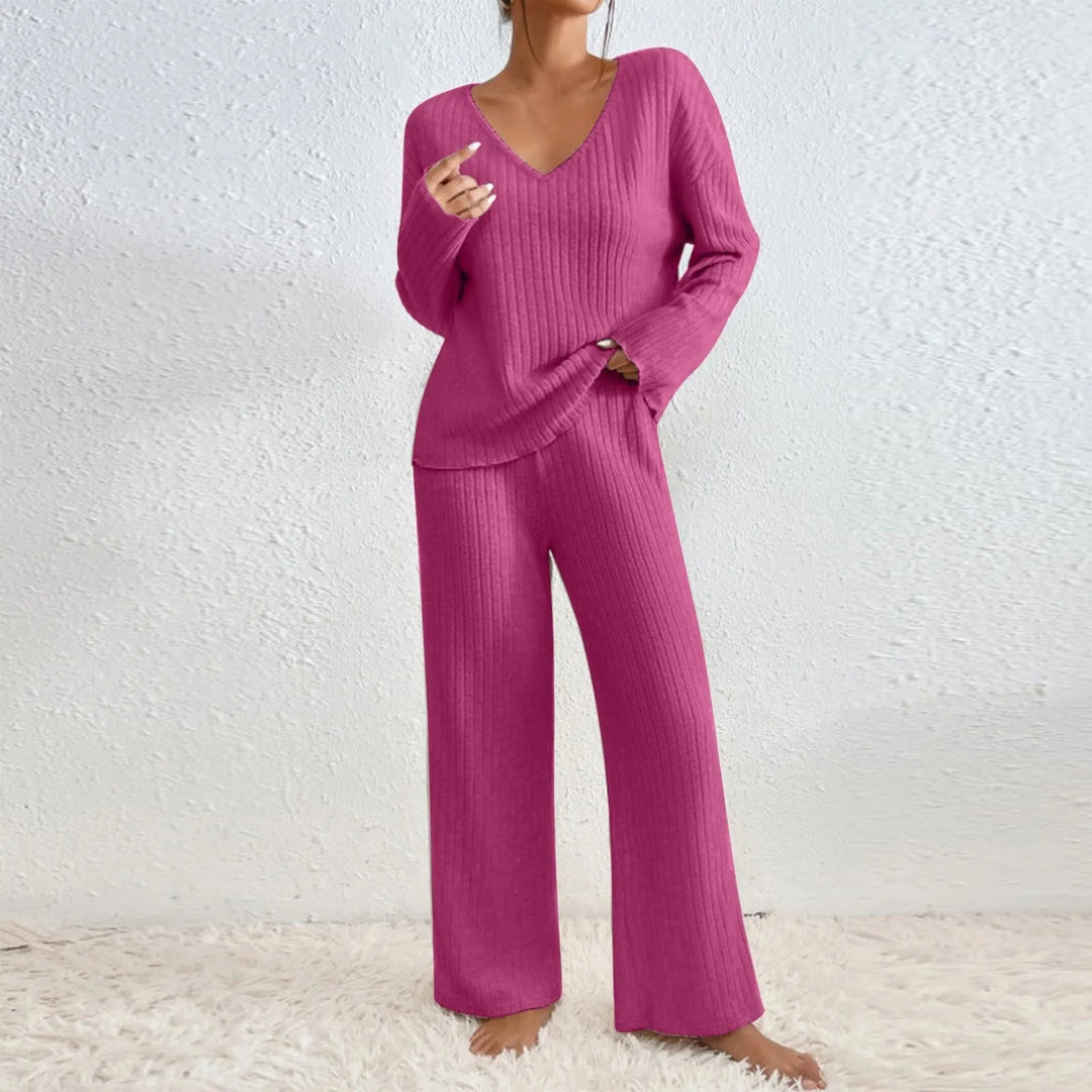 Two Piece Set Ribbed Knit V Neck Top Wide Leg Trousers Lounge Style