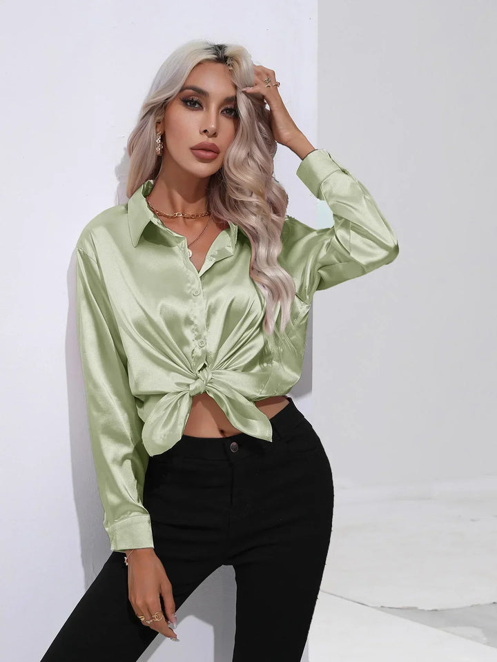 Blouse Satin Button Up Long Sleeve Elegant Style