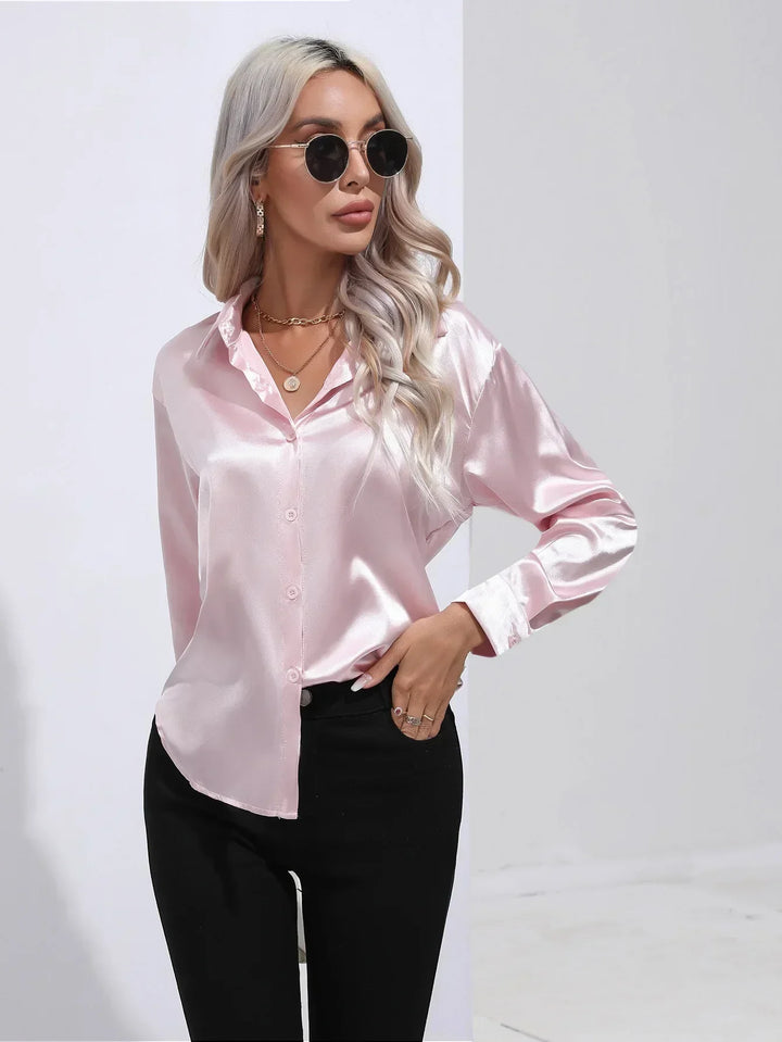 Blouse Satin Button Up Long Sleeve Elegant Style