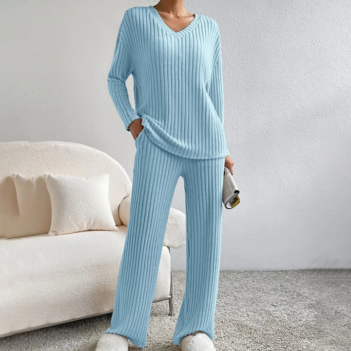 Two Piece Set Ribbed Knit V Neck Top Wide Leg Trousers Lounge Style