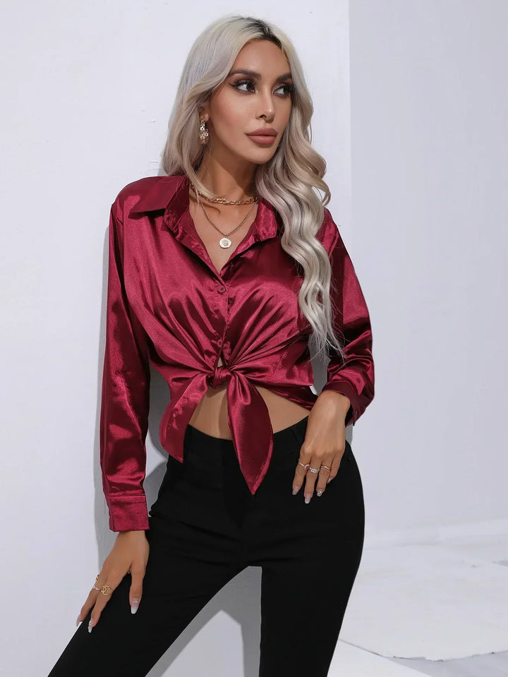 Blouse Satin Button Up Long Sleeve Elegant Style