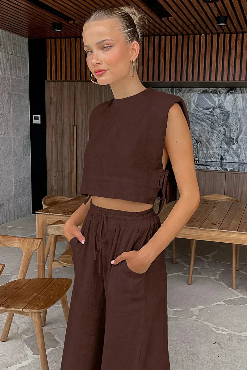Two Piece Set Sleeveless Crop Top Wide Leg Trousers Elegant Resort Style