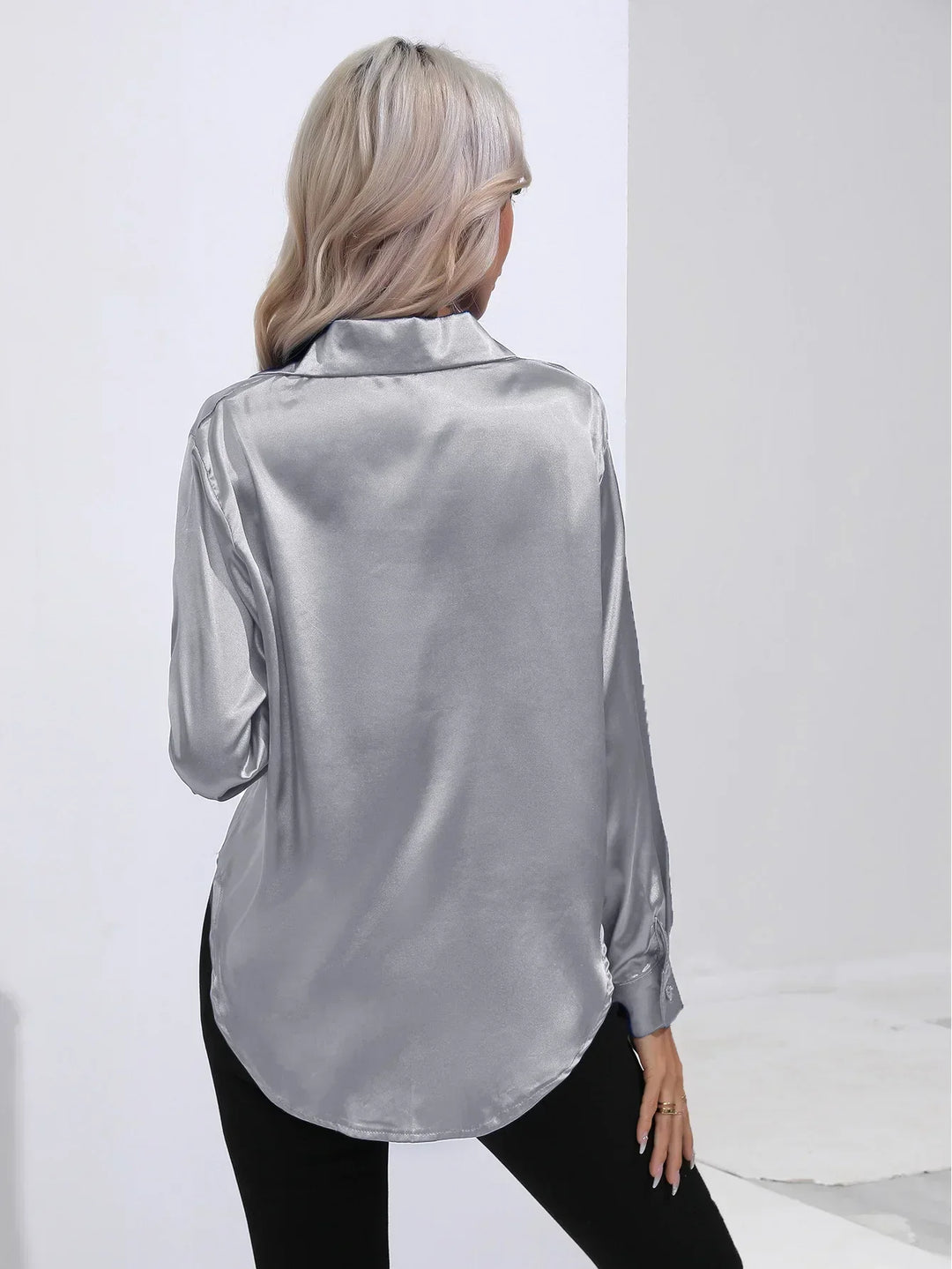 Blouse Satin Button Up Long Sleeve Elegant Style