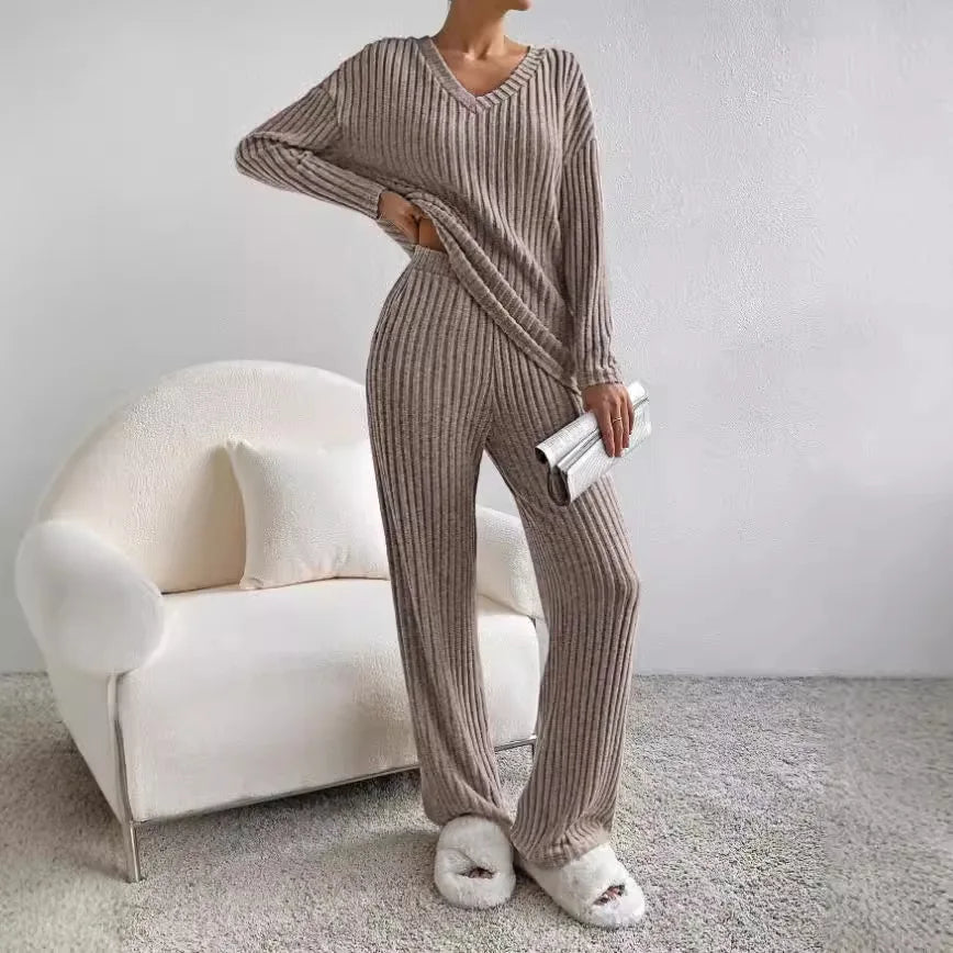 Two Piece Set Ribbed Knit V Neck Top Wide Leg Trousers Lounge Style