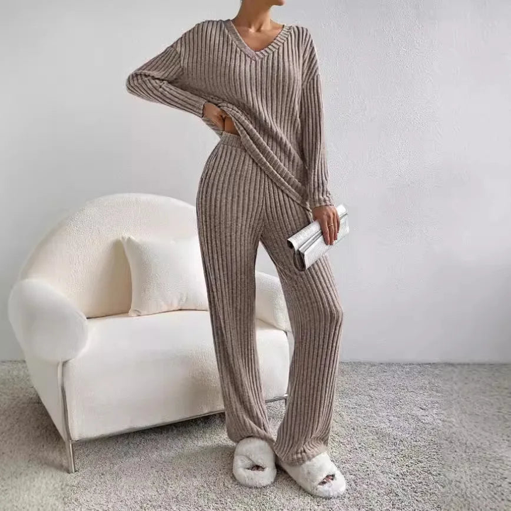 Two Piece Set Ribbed Knit V Neck Top Wide Leg Trousers Lounge Style