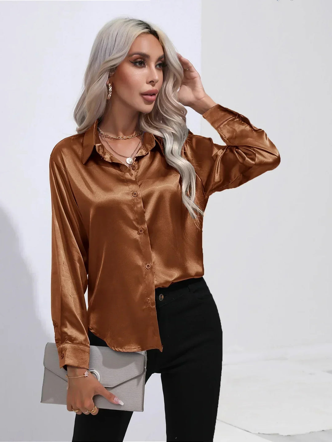 Blouse Satin Button Up Long Sleeve Elegant Style